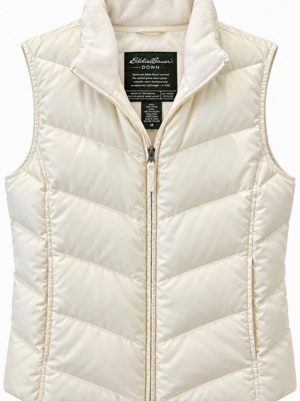Eddie Bauer Goose Down Puffer Vest Women’s M Ivory Chevron Quilted